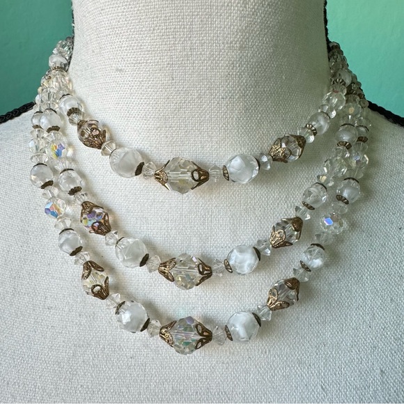 Vintage Givre Glass AB Crystal Bead Triple Strand Necklace Filigree Romantic - Picture 4 of 15